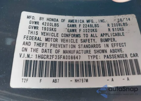 2015 Honda Accord Lx из США, поврежденный, VIN 1HGCR2F35FA008647